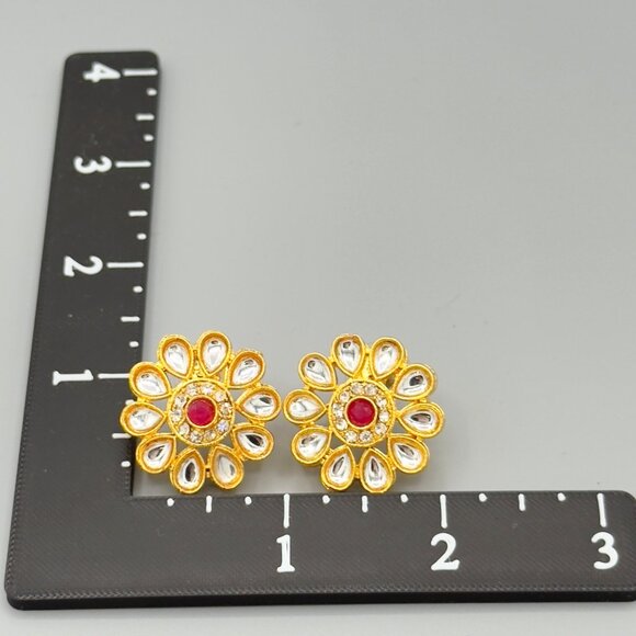 Gold Tone Red Kundan Stud Earrings Chandbali Pakistani Indian Bollywood Jewelry - Picture 6 of 7